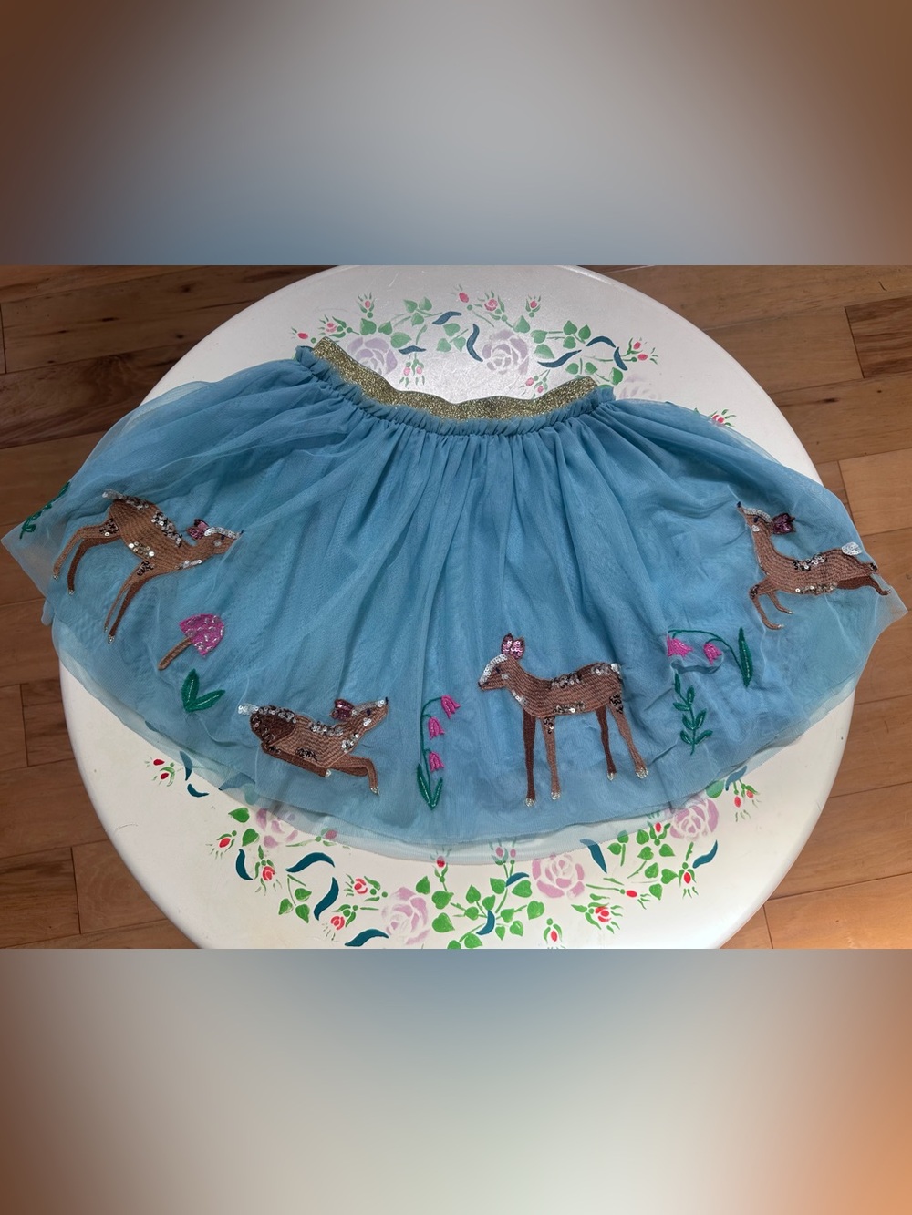 HTF Mini Boden Blue Tulle Sequin Appliqué Skirt with Deer Size 9-10
